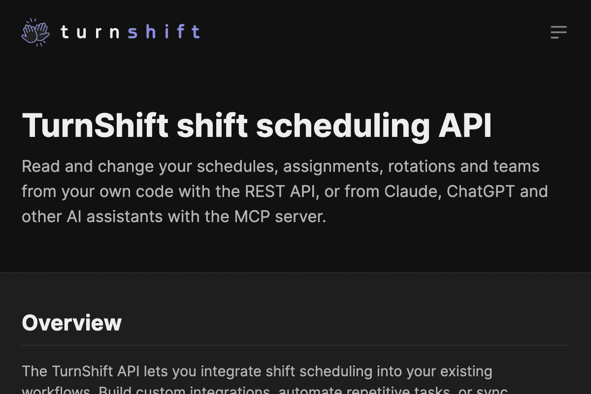 Screenshot of the TurnShift API documentation
