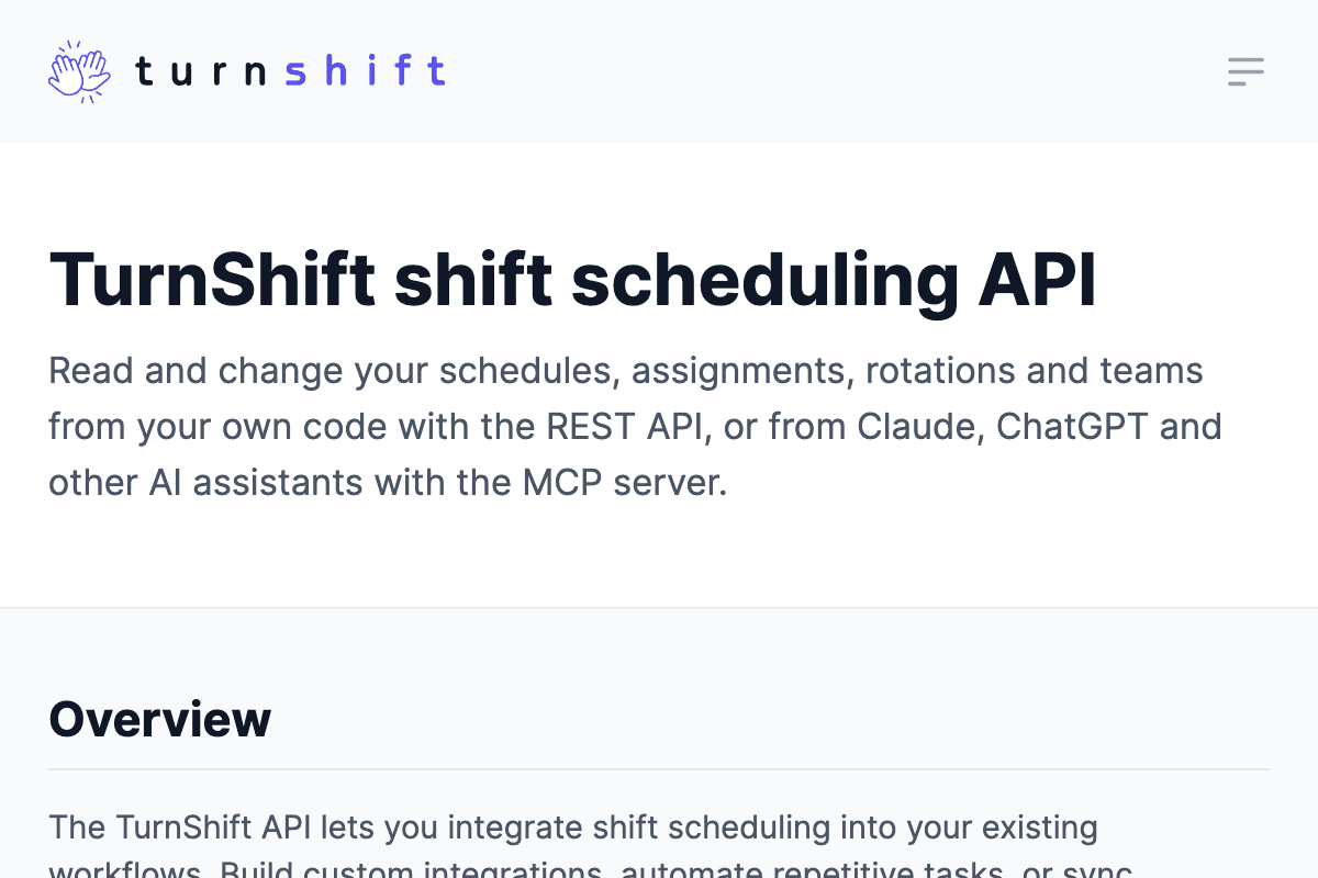 Screenshot of the TurnShift API documentation