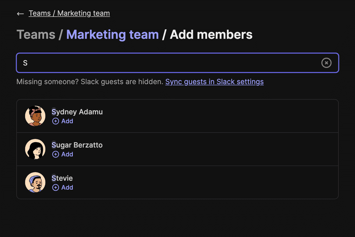 Screenshot of a team and its members