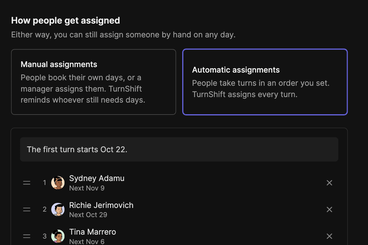 Screenshot of a schedule's People tab: manual or automatic assignments, and four people taking turns in the order a manager dragged