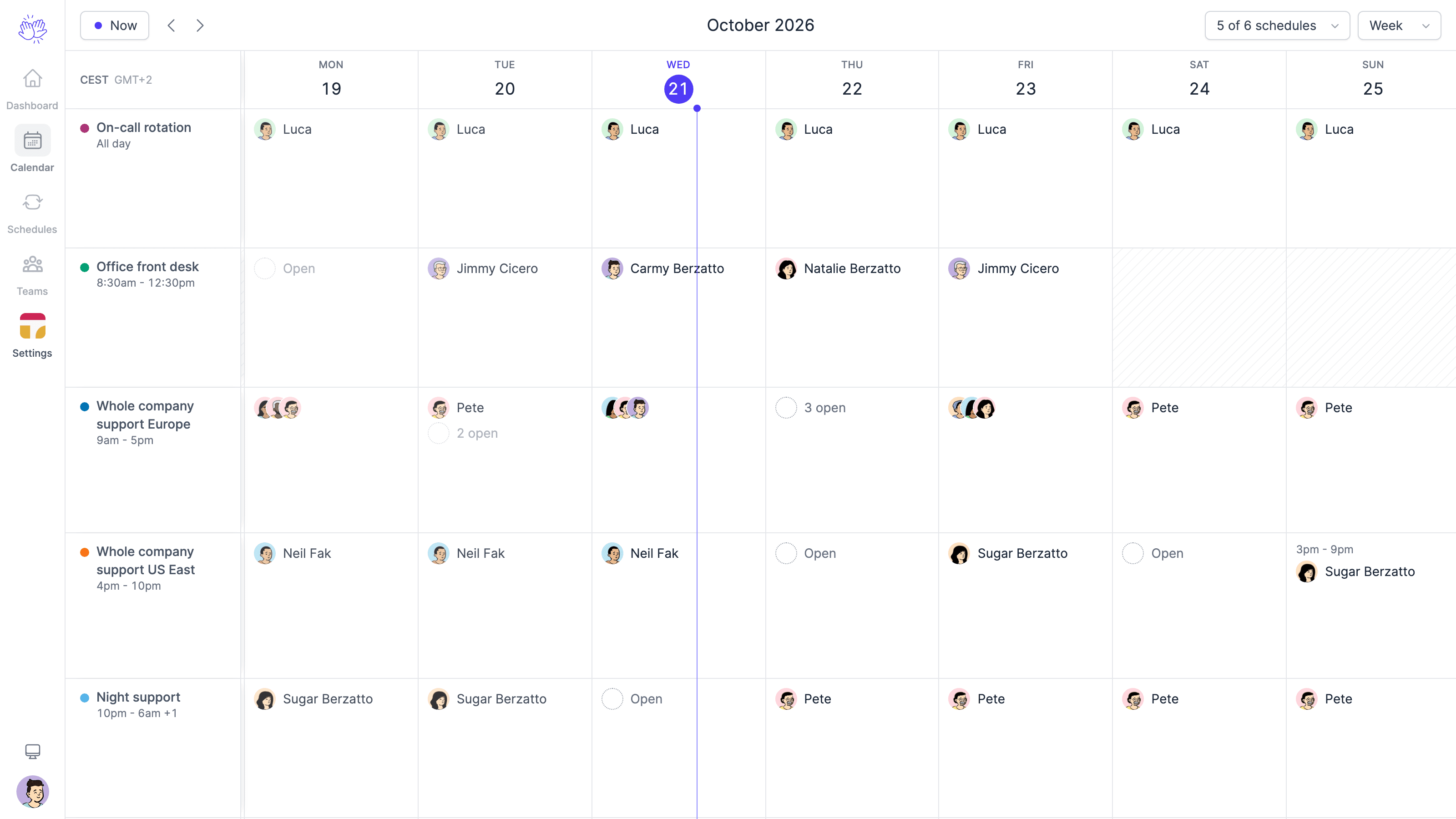 Screenshot of the TurnShift Timeline: a week of schedules, one row each