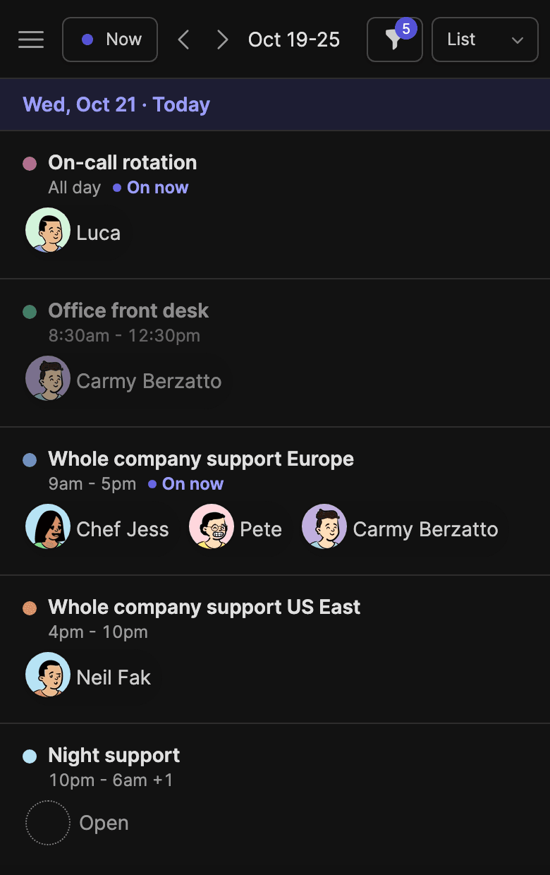 Screenshot of the TurnShift week on a phone: today's schedules and who is on