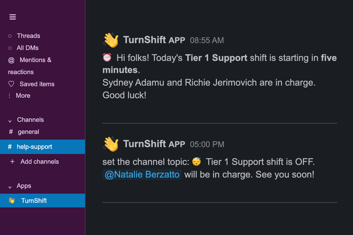 Screenshot of shift start and end messages sent by the TurnShift Slack application