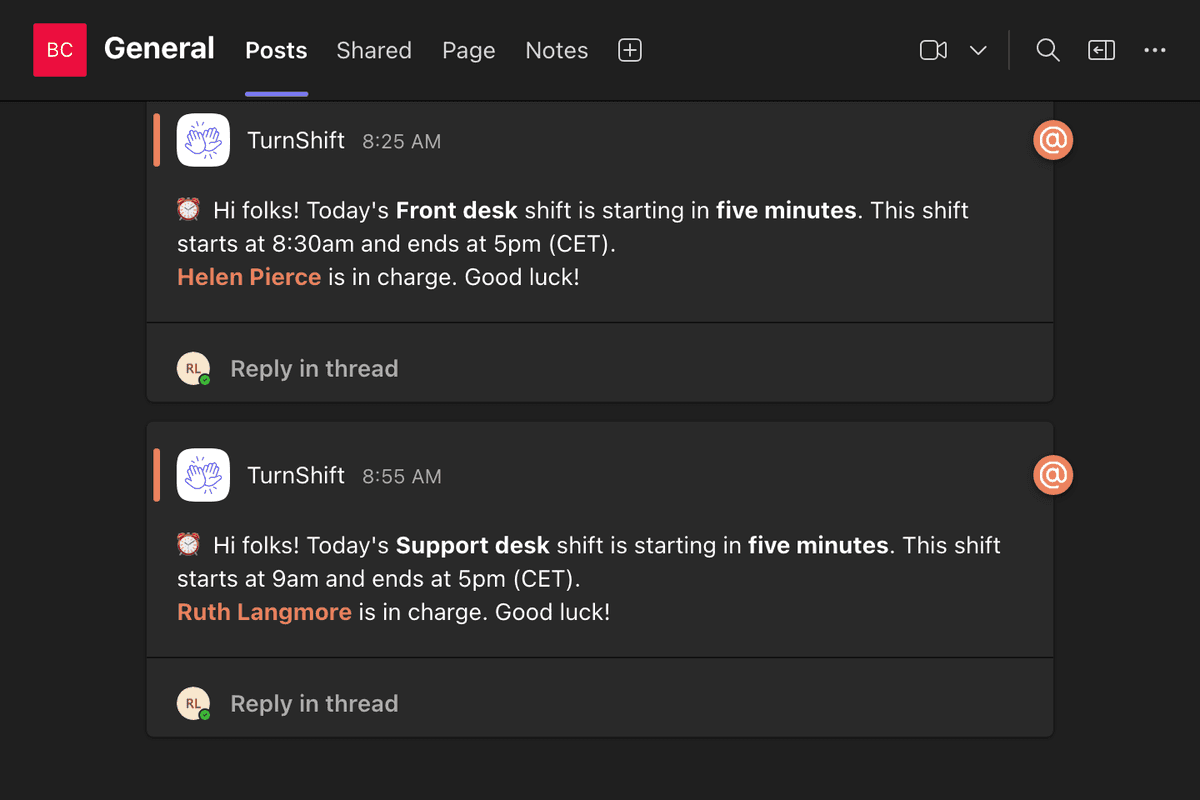 TurnShift in a Microsoft Teams channel: today's Support desk shift starts in five minutes, with Ruth Langmore mentioned