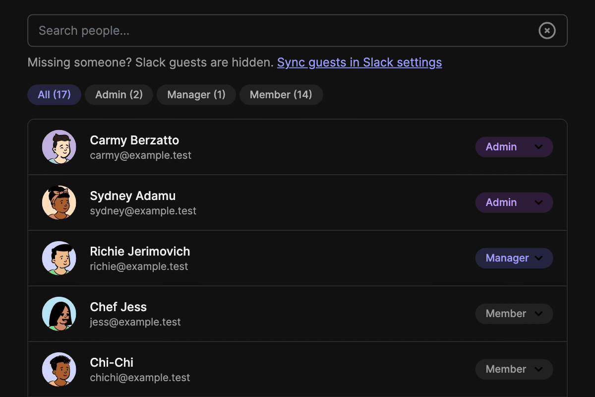 Screenshot of the TurnShift users page showing admin, manager and member roles